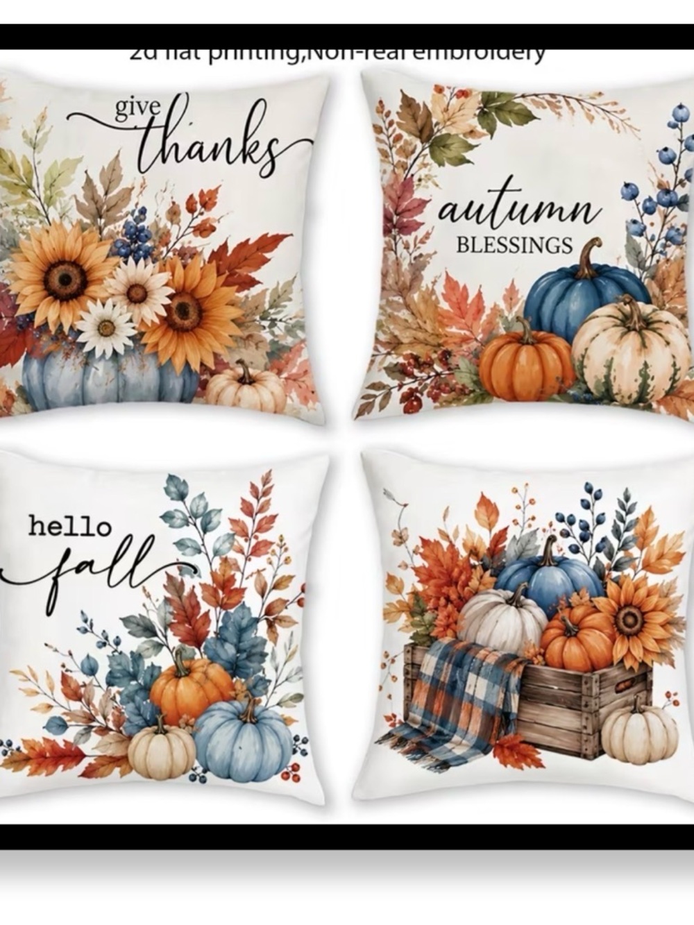 🆕 4 pc Autumn Blessings Fall Pumpkin Pillow Cover Set - Blue & Orange